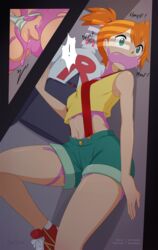 ! arm_at_side artist_name bangs bare_arms bare_shoulders breasts clitoris clothing covered_mouth crop_top ditto dutch_angle female gagged gagged_speech green_eyes green_shorts hiding highres human in_locker inset inside_locker kasumi_(pokemon) leg_up light locker locker_interior locker_sex looking_to_the_side merunyaa midriff misty_(pokemon) navel nintendo orange_hair panties panties_aside pokemon pokemon_(anime) pokemon_(species) pokephilia pussy rape sex_in_locker short_hair shorts side_ponytail signature sleeveless slime slime_gag slime_monster small_breasts standing standing_on_one_leg striped striped_panties suspender_shorts suspenders sweatdrop tareme team_rocket_uniform unbirth unbirthing uncensored underwear vaginal_penetration vore watermark web_address