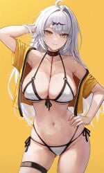 adapted_costume ahoge arm_up bare_shoulders bikini breasts closed_mouth collarbone commentary cowboy_shot female hair_ornament hand_on_own_hip highres jacket large_breasts looking_at_viewer mookyuu9 multi-strapped_bikini_bottom navel orange_eyes side-tie_bikini_bottom single_hair_intake smile solo stomach swimsuit symbol-only_commentary white_bikini yellow_background yellow_jacket yixuan_(zenless_zone_zero) zenless_zone_zero