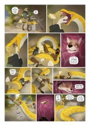 ambiguous_gender ambiguous_pred animal_genitalia anthro anthro_prey anus armorine ass balls barely_inside betrayal black_horn bottomless brown_body canid canine canis character_request clothed clothing comic coyote dialogue dragon english_text face_in_mouth feral feral_pred forked_tongue fully_inside genitals group head_first head_in_mouth hi_res horn internal looking_into_mouth male male/ambiguous male_prey mammal muffled mythological_creature mythological_scalie mythology open_mouth oral_vore partially_inside reptile scales scalie sheath shirt snake soft_vore stomach_bulge surprise tail text throat tongue topwear treasure_chest trio unwilling_prey vore wingless_dragon yellow_body yellow_scales zev_(stihl-wolf)