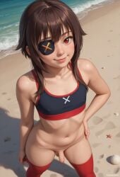 aged_up ai_generated beach bottomless brown_eyes eyepatch femboy from_above genderswap_(ftm) kono_subarashii_sekai_ni_shukufuku_wo! looking_at_viewer looking_up male megumin outdoors red_eyes rule_63 sea self_upload small_penis standing thighhighs topwear