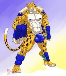 2018 4_toes 5_fingers abs anthro biceps brown_spots bulge cape cheetah clothed clothing digitigrade feline hand_on_hip hungothenomster king_(tekken) male male_only mammal muscular muscular_male nipples penis_outline pink_nose pose sharp_teeth simple_background slit_pupils solo spots standing teeth tekken tight_underwear toes topless video_games whiskers white_skin yellow_skin