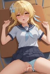 1girls adamegidor ai_generated blonde_hair cum cum_inside female lumine_(genshin_impact) panties school_uniform schoolgirl sex