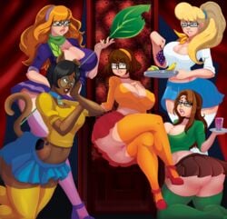 5girls anthro bimbo bimbofication breasts busty canine choker cleavage daphne_blake dark-skinned_female dog_ears dog_girl dog_tail eyeshadow fred_jones genderswap genderswap_(mtf) glasses hanna-barbera hourglass_figure humanized ladycandy2011 large_breasts leggings lipstick makeup multiple_girls mystery_inc nerd pink_panties rule_63 scooby-doo scooby-doo_(character) shaggy_rogers skirt tail transformation upskirt velma_dinkley voluptuous