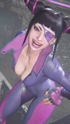 1girls asian asian_female breasts capcom cleavage clothed clothing female juri_han juri_han korean light-skinned_female looking_at_viewer no_bra outdoors outside partially_unzipped screenshot sf_screenshot solo solo_female street_fighter street_fighter_6