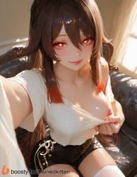 ai_generated black_shorts blush boosty boosty_username breasts brown_hair closed_mouth clothes_pull collarbone colored_tips couch curtains female flashing flower-shaped_pupils genshin_impact gradient_hair hair_between_eyes heart-shaped_pupils hu_tao_(genshin_impact) hu_tao_\\\\(genshin_impact\\\\) indoors lips long_hair looking_at_viewer makeup medium_breasts multicolored_hair nail_polish nipples no_bra on_couch one_breast_out patreon_username pulled_by_self red_eyes red_hair selfie shirt shirt_pull short_shorts short_sleeves shorts sitting smile solo symbol-shaped_pupils thighhighs thighs twintails very_long_hair web_address white_shirt white_thighhighs window