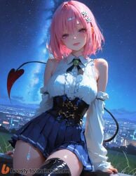 ai_generated bare_shoulders black_thighhighs blue_skirt blush boosty boosty_username breasts city_lights corset demon_tail detached_sleeves female grass hair_flower hair_ornament lips long_sleeves looking_at_viewer medium_hair momo_velia_deviluke night night_sky outdoors parted_lips pink_hair pleated_skirt purple_eyes shirt short_hair sitting skirt sky smile solo star_\\\\(sky\\\\) starry_sky tail thighhighs thighs white_shirt