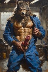 adam360 ai_generated anthro balls canid canine canis coveralls erection furry garage knot knotted_humanoid_penis male male_only penis werewolf wolf