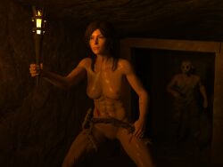 1boy 1girls 3d clothed_male_nude_female completely_nude completely_nude_female daz_studio lara_croft nude nude_female o97t5s tomb_raider torch