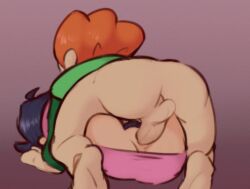 asian_female black_hair facing_away friday_night_funkin hairband half_naked headband mating_press mjamiracat nene_(newgrounds) newgrounds orange_hair pants_off pico's_school pico_(newgrounds) sex shirt_only