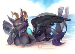 2_horns 4_wings anthro athletic athletic_anthro balnurk beach bedroom_eyes big_breasts black_clothing black_panties black_underwear black_wings blue_eyes breasts bulge clothing crescent_moon curved_horn curvy_figure digital_media_(artwork) dragon feathered_wings feathers fur futa_anthro futanari glowing glowing_eyes glowing_markings grey_body grey_fur grey_pawpads horn hourglass_figure intersex intersex_anthro inviting looking_at_viewer lying markings moon mostly_clothed multi_wing mythological_creature mythological_scalie mythology narrowed_eyes naughty_face neck_tuft on_front panties pawpads paws scalie sea seaside seductive shoreline simple_background slim small_waist solo tail tail_tuft tuft underwear unusual_anatomy unusual_horn water wide_hipped_anthro wings
