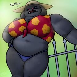 2025 alien big_breasts blue_eyes breasts chubby chubby_female clothed clothing disney female fence gantu gate genderswap genderswap_(mtf) green_background hat headwear huge_breasts lilo_and_stitch milf oystercatcher7 rule_63 sun_hat sunglasses sunhat text thong