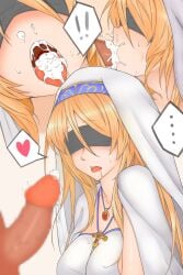 ! !! ... 1boy absurdres blindfold blonde_hair breasts censored commentary_request cum cum_in_mouth cum_on_tongue dress erection fellatio female goblin_slayer! heart highres jewelry large_breasts mosaic_censoring naga_no_chahua_hui necklace nun open_mouth oral penis spoken_ellipsis spoken_exclamation_mark spoken_heart straight sword_maiden veil white_dress white_veil