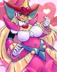 android arm_guards armor armored_dress berkana berkana_(mega_man) berkana_(mega_man_x_character) big_hips blonde_hair blue_eyes bracer breastplate chest_jewel chubby chubby_female covered_navel cuirass dress forehead_jewel gem_hat_ornament gloves hair_over_shoulder headphones hearts_around_body large_breasts long_dress long_hair looking_at_viewer mechanical_arms mega_man_x mega_man_xtreme_2 open_mouth pink_armor pink_dress robot_girl robot_joints shoulder_armor shoulder_spikes smile thick_thighs underbust valentine's_day white_gloves witch witch_hat