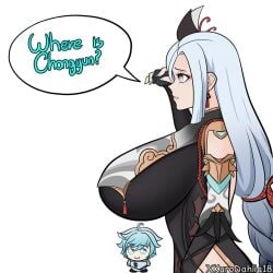 1boy 1boy1girl 1girls aunt aunt_and_nephew big_breasts breasts_bigger_than_head chongyun_(genshin_impact) clothed clothing clueless female funny genshin_impact kurodahlia18 large_breasts leotard male meme nephew older_female shenhe_(genshin_impact) smaller_male