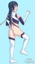 armor ass black_hair blue_eyes blush boots embarrassed female himekawa_hayuru huge_ass justtryying kadokawa kadokawa_shoten legs long_hair masou_gakuen_hxh suit wedgie