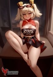 1girls 2d ai_generated ass back bangs bare_shoulders barefoot big_ass big_breasts black_panties blonde_hair burnice_white cleavage dress erophoenix feet female female_focus full_body long_hair looking_at_viewer navel pale_skin pale_skinned_female panties patreon_username red_eyes sitting skirt smile soles solo sports_bra thick thick_thighs toes twintails uncensored underwear zenless_zone_zero