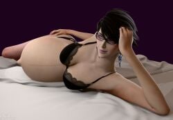 1girls 3d bayonetta bayonetta_(character) bayonetta_2 beauty_mark bed belly big_belly big_breasts black_hair bra breasts earrings female female_only glasses hdddestroyer linea_nigra on_bed pregnant pregnant_belly pregnant_female short_hair skimpy solo solo_female