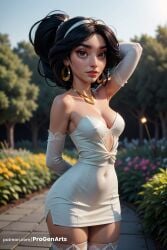 1girls ai_generated aladdin aladdin_(1992_disney_film) arm_behind_back arm_behind_head arm_up artist_name bare_shoulders black_hair blurry blurry_background breasts brown_eyes cleavage collarbone covered_navel cowboy_shot day dress earrings elbow_gloves flower freckles gloves gold_earrings gold_necklace hairband hi_res hoop_earrings jewelry lips looking_at_viewer medium_breasts mole necklace outdoors parted_lips patreon_username pencil_dress ponytail princess_jasmine progenarts short_dress solo strapless strapless_dress thighhighs tree web_address white_dress white_gloves white_hairband white_thighhighs zettai_ryouiki