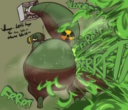 absurd_res anthro ass big_butt bodily_fluids crouching exercise fart fart_cloud fart_fetish farting_at_viewer firestorm_(raptormocha) gas hazard_symbol hi_res looking_at_viewer looking_back male more_like_vora nuclear_bomb nukite overweight overweight_male radiation_symbol raised_tail rear_view smile smirk smug solo sweat symbol tail