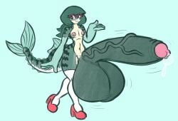 anthro areola balls big_balls big_penis blush bodily_fluids clothing darkened_genitalia darkened_penis dripping eyewear femboy fish fish_tail footwear ftm_crossgender genital_fluids genitals glasses green_body green_hair hair high_heels huge_balls huge_cock hyper hyper_balls hyper_genitalia hyper_penis leaking_precum legwear mackerel male marine penis precum precum_drip rule_63 scombrid scombriform shoes simple_background solo sprucy stockings striped_body stripes text
