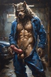 adam360 ai_generated anthro canid canine canis coveralls erection furry garage male male_only penis werewolf wolf