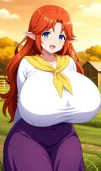 ai_generated blue_eyes breasts breasts_bigger_than_head cremia elf_ears female gigantic_breasts huge_breasts majora's_mask smile the_legend_of_zelda wide_hips