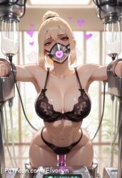 1girls ai_generated armpits blonde_hair bondage bra cha_hae-in cum dildo elvoryn face_mask female female_focus fetish heart heart_symbol hi_res huge_breasts indoors light_skin looking_at_viewer navel patreon ponytail purple_eyes sex_toy slave solo solo_leveling standing sweatdrop teenager thighs underwear
