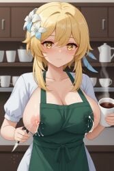 1girls adamegidor ai_generated apron blonde_hair coffee exposed_breasts female green_apron heart-shaped_pupils lactation lactation_through_clothes lumine_(genshin_impact)