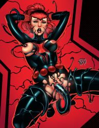 1girls 2025 2dswirl areolae avengers bent_legs black_widow_(marvel) breasts female female_only green_eyes hands_behind_head hi_res living_clothes long_hair marvel marvel_comics natasha_romanoff nipples open_mouth parasite penetration pleasure_face pussy red_hair restrained sliver-widow solo symbiote tentacle tentacle tentacle_in_pussy tentacle_sex vaginal_penetration venom_(marvel)