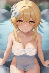 1girls adamegidor ai_generated bath blonde_hair female heart-shaped_pupils hot_spring lumine_(genshin_impact) nude towel towel_only