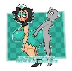 1boh 1boy1girl animatronic animatronic_female anon anonymous_male areolae_visible_through_clothing bedroom_eyes black_hair blush checkered_background crushtrap cyan_eyeshadow digital_drawing_(artwork) digital_media_(artwork) english_text eyebrows eyelashes female five_nights_at_freddy's five_nights_at_freddy's:_secret_of_the_mimic large_ass large_breasts looking_back male nurse nurse_cap nurse_dollie_(fnaf) nurse_uniform penetration penetration_from_behind penetration_through_clothes tagme