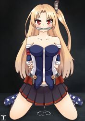 azur_lane blonde_female blonde_hair blue_socks bondage cleveland_(azur_lane) female fluids_on_ground hair_ornament kneeling kneeling_female long_hair multicolored_jacket ponytail pussy red_eyes skirt tied_arms tied_hands tied_mouth tony_x_play tonyxplay vaginal_fluids vaginal_juices