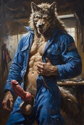 adam360 ai_generated anthro balls canid canine canis coveralls erection furry garage knot knotted_humanoid_penis male male_only penis werewolf wolf