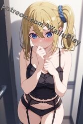 ai_generated big_breasts black_lingerie black_panties black_topwear blonde_hair blue_eyes blue_ribbon blush blush blushed_face hayasaka_ai kaguya-sama_wa_kokurasetai_~tensai-tachi_no_renai_zunousen~ medium_breasts shy waifuplay
