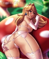 1girls armwear artist_name ass ass_focus blonde_hair blue_eyes clothing crown dat_ass ear_piercing female female_only hand_on_ass human human_only legwear leonart light-skinned_female light_skin long_hair looking_at_viewer mammal mario_(series) mature mature_female mushroom nintendo princess princess_peach royalty solo solo_female solo_focus straps voluptuous voluptuous_female white_armwear white_legwear white_straps