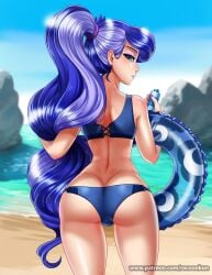 ass beach bikini blue_bikini blue_hair butt_crack day female from_behind green_eyes holding long_hair ocean sky solo swimsuit very_long_hair