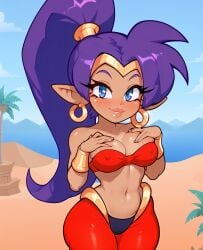 ai_generated curvy_figure desert furfantastic hands_on_breasts harem_outfit harem_pants purple_hair shantae shantae_(character)