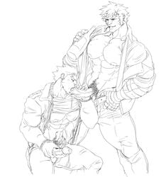 bara batsu_ichimonji clothing hayato_nekketsu line_art male male_only mb_artblog monochrome oral_sex pubic_hair rival_schools tagme yaoi