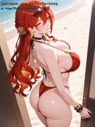 ai ai_assisted ai_generated beach big_ass big_breasts big_butt big_hips big_thighs bikini high_quality high_resolution highres himeko_(honkai:_star_rail) honkai:_star_rail red_bikini red_hair red_hair summer sunglasses sunglasses_on_head yellow_eyes