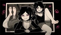 1girls 2d ashley_graves ass black_hair blush blush breasts choker cleavage clothed feet female female_only foot_fetish licking_lips looking_at_viewer lying_on_stomach pink_eyes rezodwel soles solo solo_female tease teasing the_coffin_of_andy_and_leyley the_pose toes