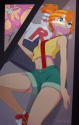 ! ahe_gao arm_at_side artist_name bangs bare_arms bare_shoulders breasts clitoris clothing covered_mouth crop_top ditto dutch_angle female gagged green_eyes green_shorts heart hiding highres human in_locker inset inside_locker kasumi_(pokemon) leg_up light locker locker_interior locker_sex merunyaa midriff misty_(pokemon) navel nintendo orange_hair panties panties_aside parasite pokemon pokemon_(anime) pokemon_(species) pokephilia pussy rape sex_in_locker short_hair shorts side_ponytail signature sleeveless slime slime_gag slime_monster small_breasts standing standing_on_one_leg striped striped_panties suspender_shorts suspenders sweatdrop tareme team_rocket_uniform unbirth unbirthing uncensored underwear vaginal_penetration vore watermark web_address