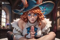 1boy 1girls ai_generated animal_ears artist_name aurora_(league_of_legends) bare_shoulders black_nails blue_bow blue_bowtie blue_eyes blue_headwear body_freckles bow bowtie braid breasts brown_hair cable_knit candle ears_through_headwear erection female fingerless_gloves freckles fur_trim glasses gloved_handjob gloves handjob hat hi_res indoors jewelry large_breasts league_of_legends lips looking_at_viewer male nail_polish off_shoulder orange_hair penis pov r34arts rabbit_ears riot_games round_eyewear solo_focus straight sweater thighhighs twin_braids uncensored white_gloves white_sweater witch_hat