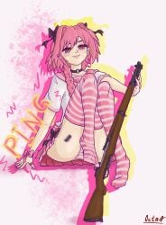 1femboy artist_name astolfo_(fate) collar fate/grand_order fate_(series) femboy gun octa0 panties pantsu pink_eyes pink_hair shimapan skirt striped_legwear