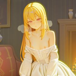 ai_generated blonde_hair blush breasts corset cute dress dress_pull exposed_breasts female fireplace hot indoors long_gloves lust lustful_gaze mezrus open_mouth princess small_breasts small_mouth