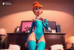 1girls ai_generated blonde_hair blue_leotard blue_thighhighs blunt_bangs breasts bridal_gauntlets cameltoe covered_navel covered_nipples despicable_me despicable_me_4 detached_sleeves flower green_eyes hair_bun hi_res highleg highleg_leotard indoors lamp leotard lips looking_at_viewer lucy_wilde orange_hair r34arts scarf short_hair single_hair_bun small_breasts solo thighhighs vase