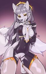 2025 4_toes 5_fingers absurd_res anthro areola breasts canid canine claws clothed clothed_anthro clothed_female clothing digital_media_(artwork) feet female finger_claws fingers fur genitals grey_body grey_fur grey_hair grey_tail hair hi_res kneeling licking licking_lips looking_at_viewer mammal navel nipples pussy shermugi simple_background solo tail toes tongue tongue_out translucent translucent_clothing vagina vulva yellow_eyes