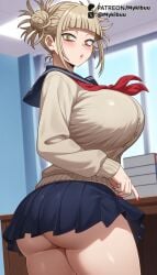 ai_generated alternate_breast_size ass bags_under_eyes black_skirt blonde_hair blue_sailor_collar blue_skirt blunt_bangs blush boku_no_hero_academia book breasts brown_cardigan cardigan cowboy_shot desk double_bun female fingernails hair_bun himiko_toga huge_breasts indoors long_sleeves looking_at_viewer looking_back messy_hair microskirt miniskirt my_hero_academia mykibuu nail_polish narrowed_eyes neckerchief no_panties parted_lips pleated_skirt red_nails red_neckerchief sailor_collar school_uniform serafuku sidelocks skirt slit_pupils solo standing thick_thighs thighs toga_himiko underbutt window yellow_cardigan yellow_eyes