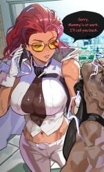 1boy 1girls 2d bare_midriff busty capcom choke_hold choking cleavage crimson_viper female female_focus hourglass_figure long_hair makeup milf navel park_ongjol red_hair strangling street_fighter street_fighter_6 sunglasses tagme tan tan-skinned_female tan_body tan_skin wide_hips
