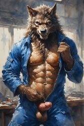 adam360 ai_generated anthro canid canine canis coveralls erection furry garage male male_only penis werewolf wolf