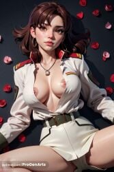 1girls ai_generated artist_name belt black_belt breasts brown_eyes brown_hair earrings female flower gundam gundam_seed gundam_seed_destiny gundam_seed_freedom hi_res hoop_earrings jacket jewelry large_breasts lips long_hair long_sleeves looking_at_viewer lying medium_hair military military_uniform mobile_suit_gundam murrue_ramius necklace nipple_slip nipples no_bra on_back open_clothes open_shirt panties patreon_username petals progenarts red_flower rose shorts solo spread_legs underwear uniform web_address white_panties white_shorts